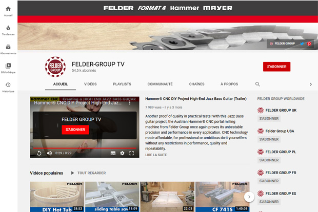 Felder groupe TV chane youtube machines bois centres usinage