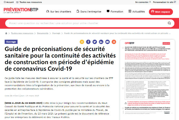 L'OPPBTP met  jour son guide de prconisations de scurit sanitaire